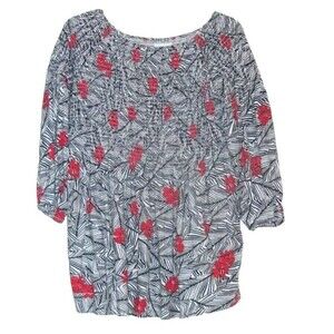J. Jill Sz. M Smock Top Black White Red Floral Raglan Sleeve Tunic